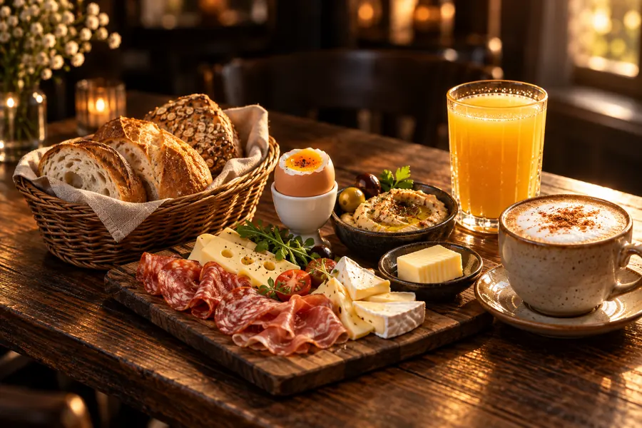 KI-generiertes Bild: Frühstück auf einem dunklen Holztisch mit Brötchenkorb, Käse und Aufschnitt, gekochtem Ei, Hummus, Orangensaft und Cappuccino