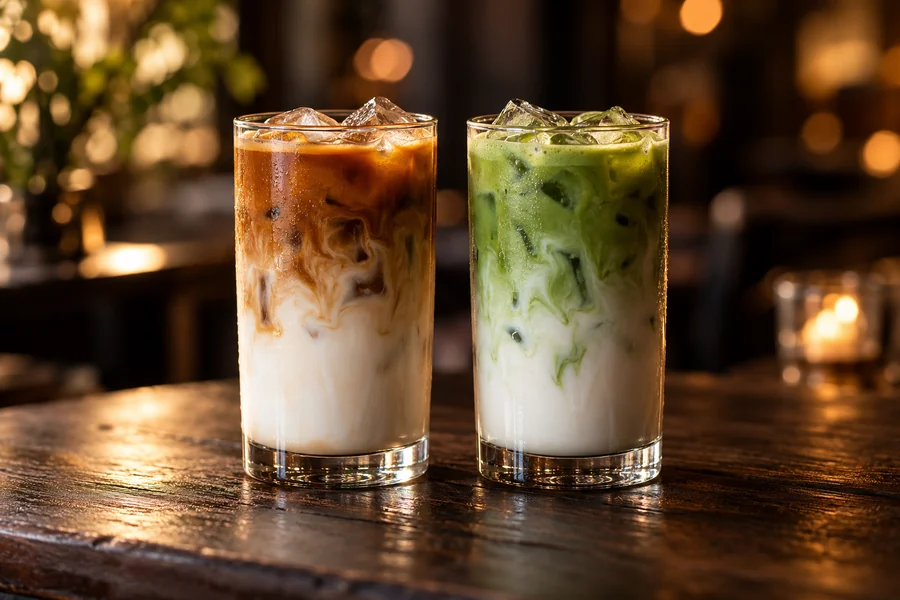 KI-generiertes Bild: Ein Iced Latte und ein Iced Matcha Latte mit Eiswürfeln in hohen Gläsern auf einem dunklen Holztisch