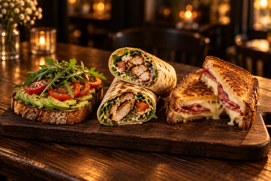 KI-generiertes Bild: Eine Stulle mit Avocado und Tomate, ein halbierter Hähnchen-Wrap und ein gegrillter Käse-Salami-Toast auf einem Holzbrett