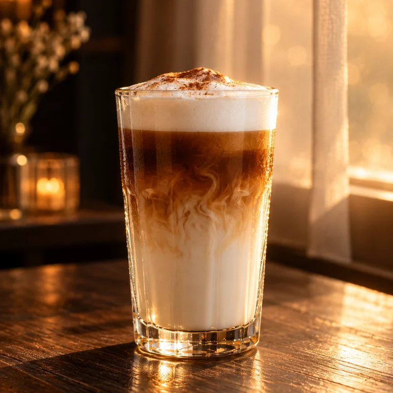 KI-generiertes Bild: Ein Latte Macchiato im hohen Glas steht auf einem Holztisch am Fenster, dahinter ein Vorhang im warmen Gegenlicht