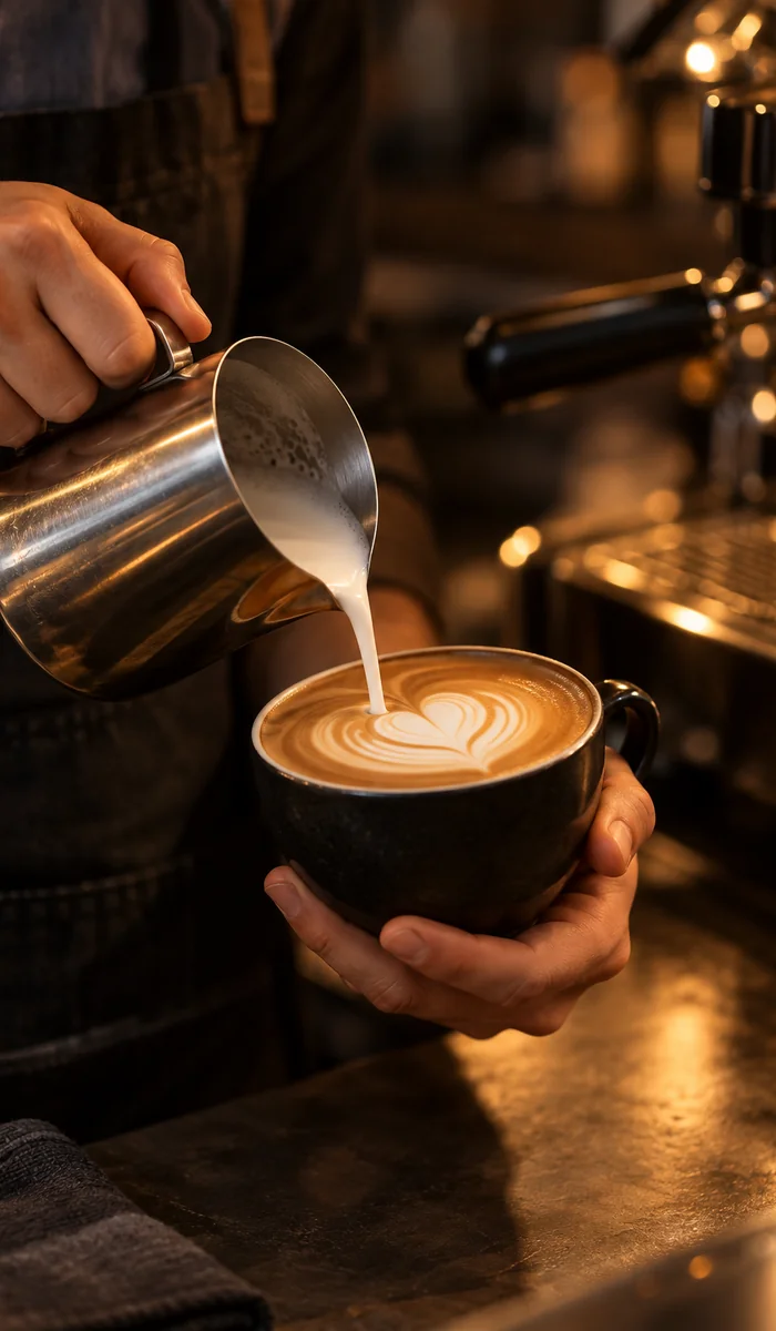 KI-generiertes Bild: Hände gießen aus einem Edelstahlkännchen ein Latte-Art-Herz in eine dunkle Tasse, im Hintergrund eine Siebträgermaschine